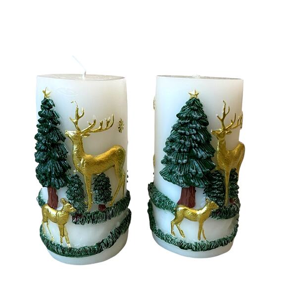 Christmas Pillar Candle Set of 2 Embossed Reindeer & Christmas Pine Trees 6" NEW - Picture 10 of 13